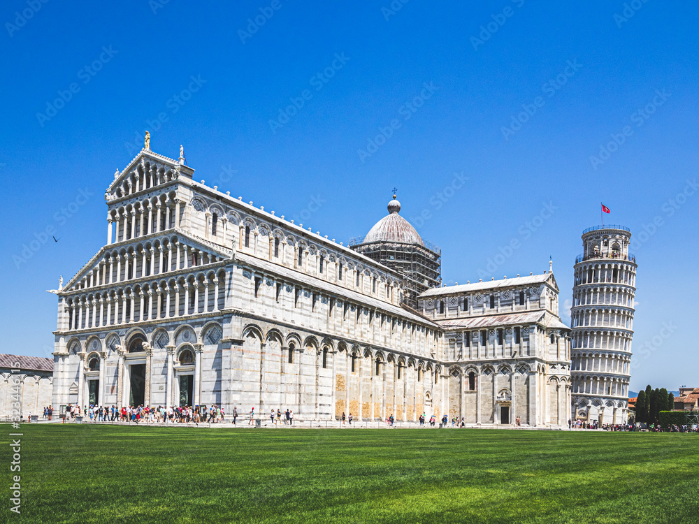 View of the Pisa tower and the Pisa Cathedral