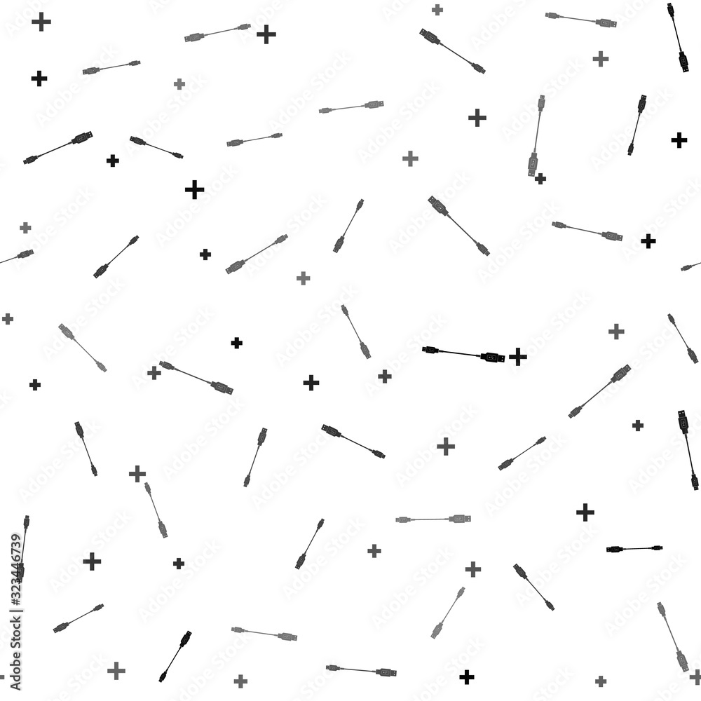Black USB Micro cables icon seamless pattern on white background. Connectors and sockets for PC and mobile devices. Computer peripherals connector or smartphone recharge supply. Vector Illustration Black USB Micro cables icon seamless pattern on white background. Connectors and sockets for PC and mobile devices. Computer peripherals connector or smartphone recharge supply. Vector Illustration