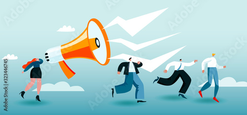 Woman shouts in big megaphone and men run. Activist speaks in public. The feminist concept on March 8. Blue and orange colored vector illustration EPS 10