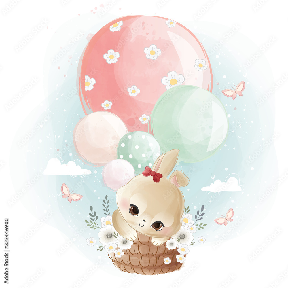 Cute Little Bunny Flying with Balloons Stock Vector | Adobe Stock