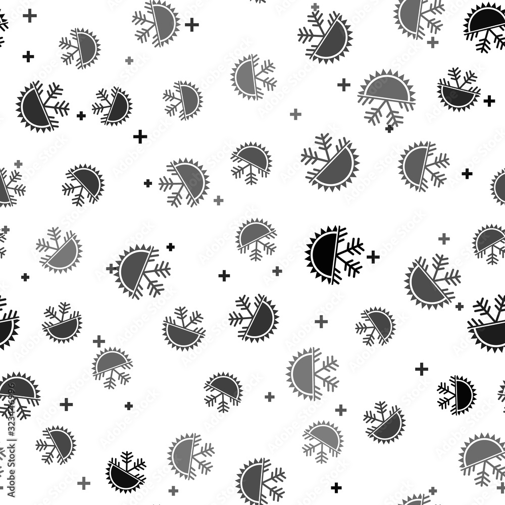 Black Hot and cold symbol. Sun and snowflake icon isolated seamless pattern on white background. Winter and summer symbol. Vector Illustration Black Hot and cold symbol. Sun and snowflake icon isolated seamless pattern on white background. Winter and summer symbol. Vector Illustration