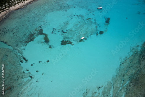 Amazing aerial drone top panoramic view on the famous Balos beach in Balos lagoon and pirate island Gramvousa. Place of the confluence of three seas. Balos beach, Chania. Crete island. Greece. Europe.