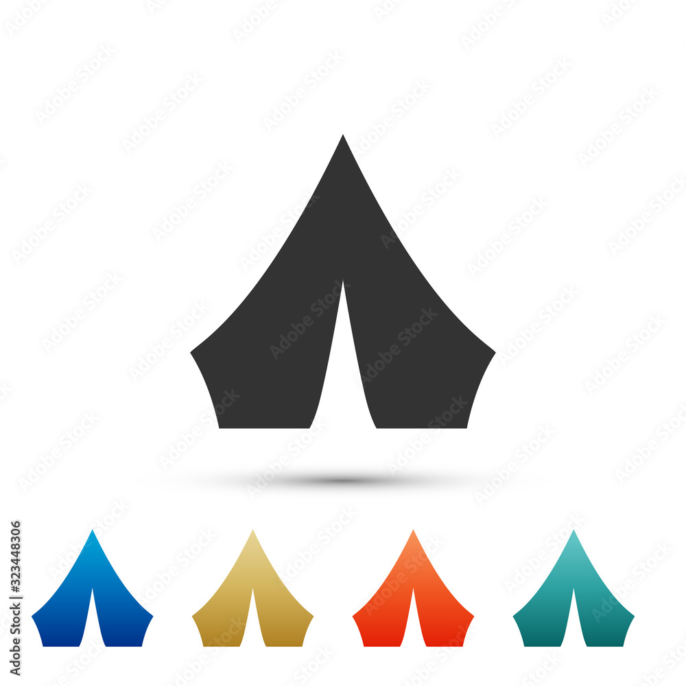 Black Tourist tent icon isolated on white background. Camping symbol. Color set icons. Vector Illustration