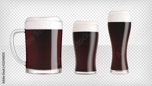 Three different dark beer glasses and mugs