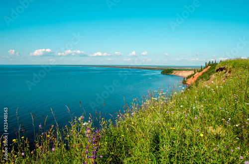 Andoma Cape with Andoma Hill at Onega Lake, Vologda region, Russia. Natural background view