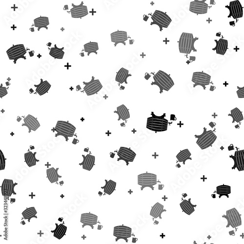 Black Wooden barrel on rack with stopcock and wooden beer mug icon isolated seamless pattern on white background. Vector Illustration