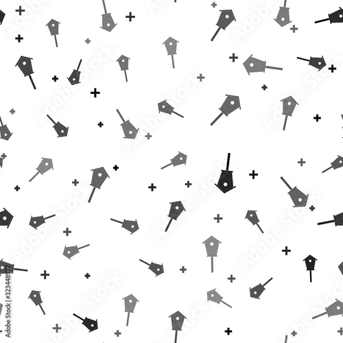 Black Bird house icon isolated seamless pattern on white background. Nesting box birdhouse, homemade building for birds. Vector Illustration