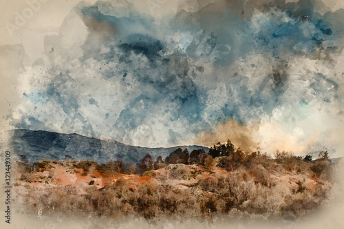 Digital watercolour painting of Stunning landscape image of countryside around Rydal Water in UK Lake District photo