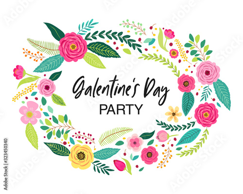 Cute feminine card with hand drawn flowers for girls friends celebrating valentines day