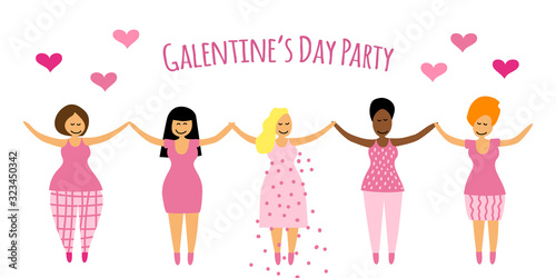 Galentine's Day Party banner with hand drawn smiling feminist girlfriends, can be used for greeting card, poster etc