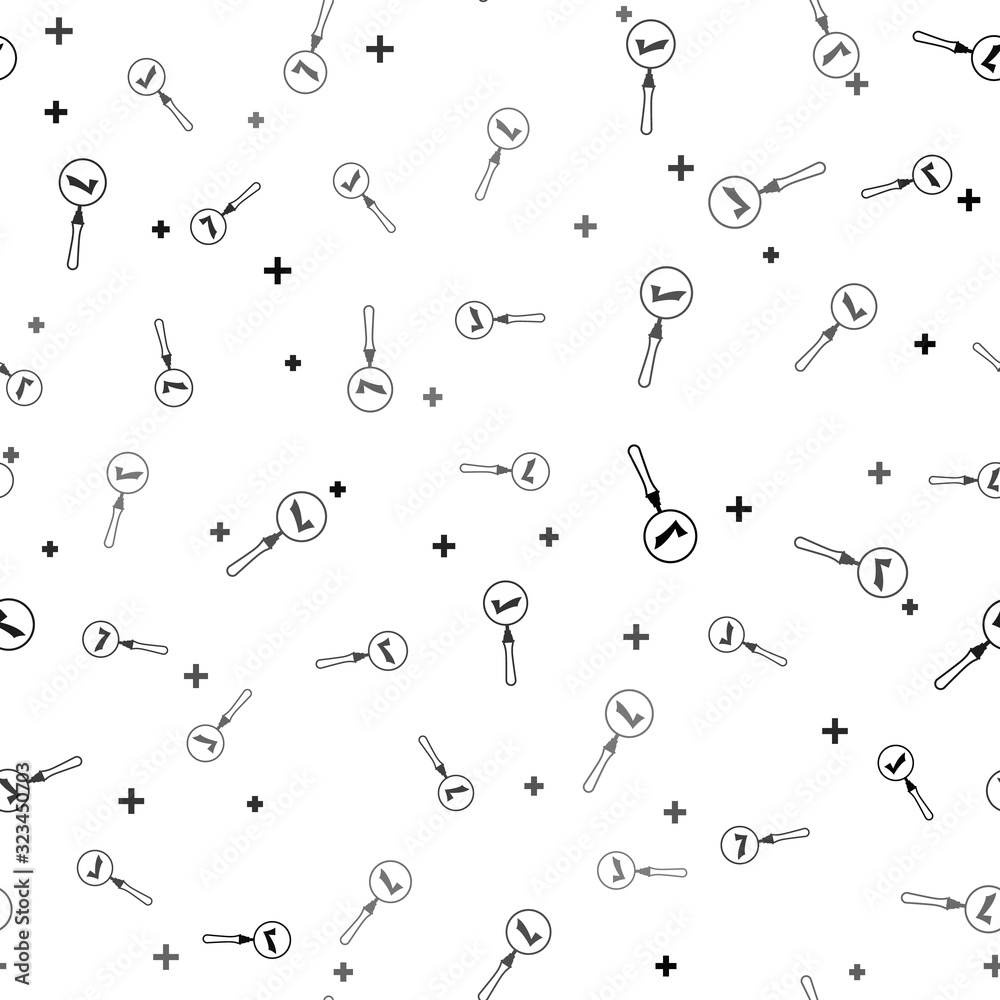 Black Magnifying glass and check mark icon isolated seamless pattern on white background. Magnifying glass and approved, confirm, done, tick, completed symbol. Vector Illustration