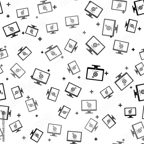 Computer monitor update process with gear progress and loading bar icon seamless pattern on white background. System software update. Adjusting app, setting, maintenance, repair. Vector Illustration