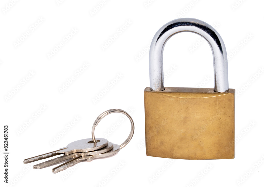 Lock and key on keychain isloated on white background Lock and key on keychain isloated on white background
