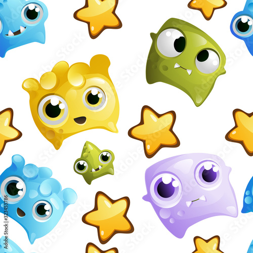 Vector seamless pattern with funny characters in cartoon, childish style.
