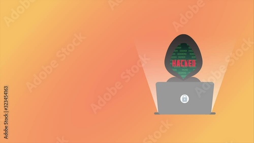 Illustration a hacker in front computer. Binary coding scroll up and word 