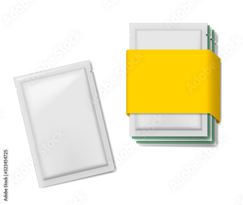 Blank sachet packet pack, realistic vector illustration. Mockup for design. Easy to recolor