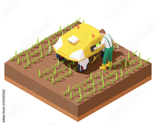 Vector isometric agricultural robot EV working in crop field. Multifunctional farming robot. Smart farming. Robot removing weeds from row crops. Farmer programming robotic tractor