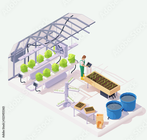 Vector isometric modern agricultural greenhouse cross-section illustration. Hydroponics and aeroponics process of growing plants, smart garden beds, pond, farmer operating smart greenhouse system