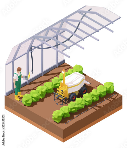 Vector isometric agricultural greenhouse weeding robot. Multifunctional farming robot. Smart farming. Robot removing weeds in greenhouse. Farmer programming robotic tractor