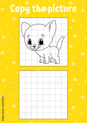 Copy the picture. Cat animal. Coloring book pages for kids. Education developing worksheet. Game for children. Handwriting practice. Funny character. Cartoon vector illustration.