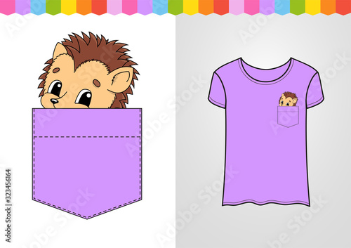 Cute character in shirt pocket. Hedgehog animal. Colorful vector illustration. Cartoon style. Isolated on white background. Design element.