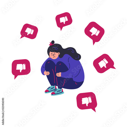 Sad, unhappy woman suffers from dislike notifications.Depressed teenage girl.Man addicted to social media and online feedback.Character on white background.Colorful vector illustration