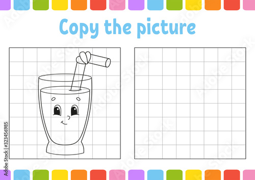 Copy the picture. Coloring book pages for kids. Education developing worksheet. Glass juice. Game for children. Handwriting practice. Funny character. Cute cartoon vector illustration.