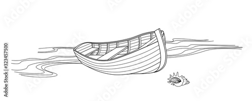 wooden boat  made of boards on tropical island shore with shell & surf waves, vector illustration with black contour lines isolated on white background in a hand drawn & doodle style