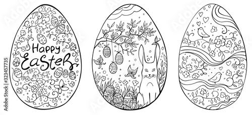 Set of easter egg with doodle ornament on white background. Happy Easter. Vector coloring card. Cartoon Egg drawing. Spring holiday card.