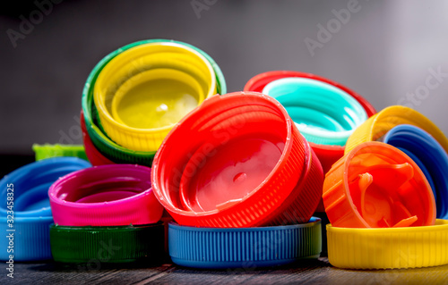 Composition with colorful plastic bottle caps