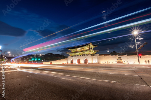Night view of Gwanghwamun gate, Seoul, South Korea.(Sign board text is 