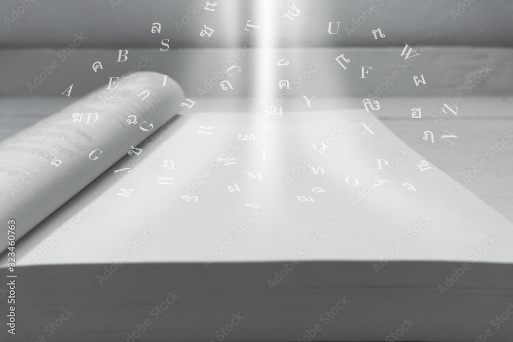Obraz premium The miracle of knowledge book Of letters, concepts, knowledge with soft blur white