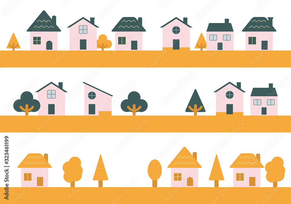 Flat style Town Illustration Set, Vector Illustration 