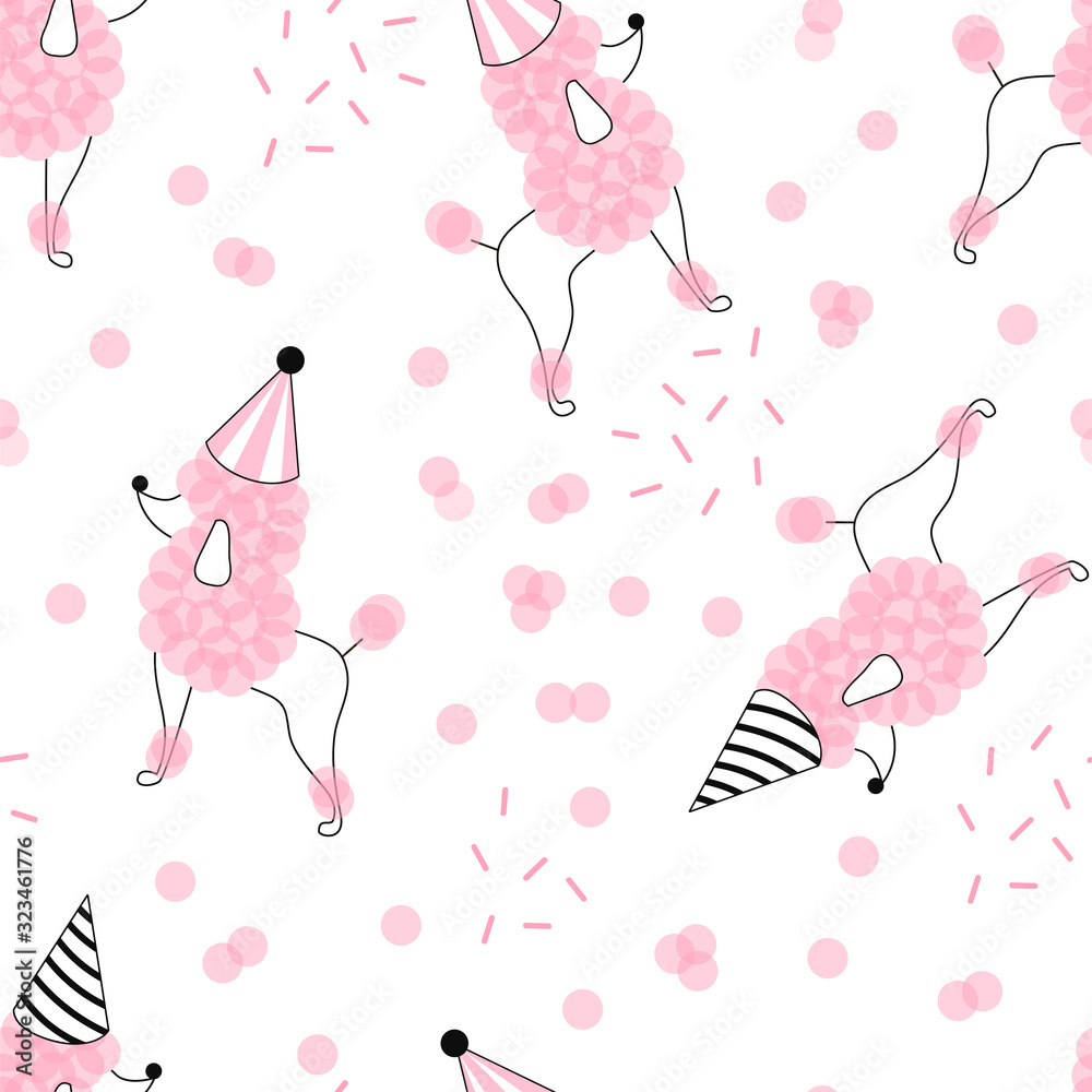 Candy pink festal poodle in party cone hat vector seamless pattern. Happy birthday dog on confetti background. Joyful doggy festive backdrop design.