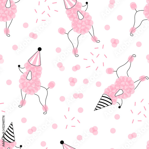 Candy pink festal poodle in party cone hat vector seamless pattern. Happy birthday dog on confetti background. Joyful doggy festive backdrop design.