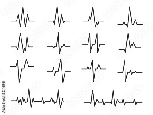 Ecg. Sinusoidal pulse lines, frequency heartbeat stress testing life, monitor with signal graphic pulsing, cardiogram heartbeat logo vector set photo