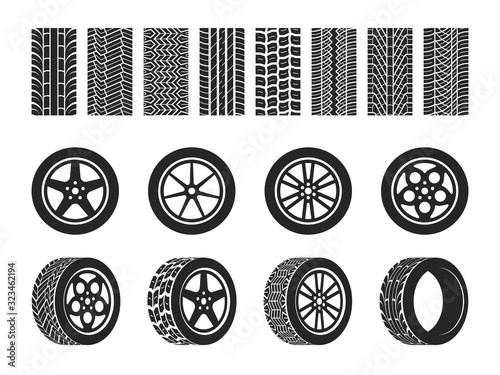 Wheel tires. Car trace imprints, vehicle track or auto race tire, motorcycle racing wheels patterns graphic elements vector set