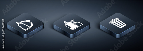 Set Isometric Plastic bottles for liquid dishwashing liquid, Trash can  and Plastic bottles for liquid dishwashing liquid icon. Vector