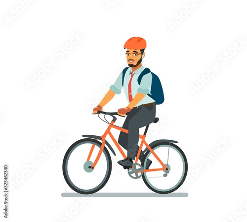 Happy business man riding a Bicycle. A cyclist in a business suit goes to work in the office. Driving an environmentally friendly form of transport around the city.