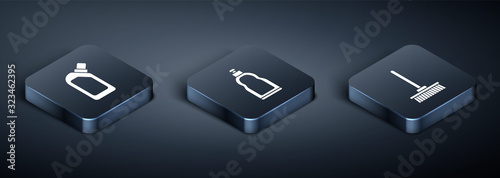 Set Isometric Plastic bottles for liquid dishwashing liquid, Mop  and Plastic bottles for liquid dishwashing liquid icon. Vector