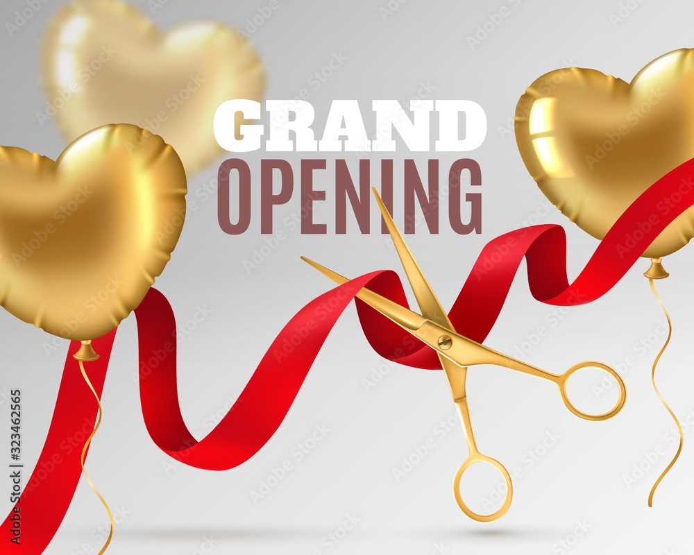 Grand opening. Luxury festive invitation, scissors cut red silk ribbon, ceremony opening banner design or promotion flyer vector background - obrazy, fototapety, plakaty 