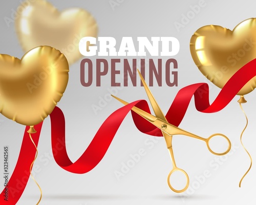 Grand opening. Luxury festive invitation, scissors cut red silk ribbon, ceremony opening banner design or promotion flyer vector background