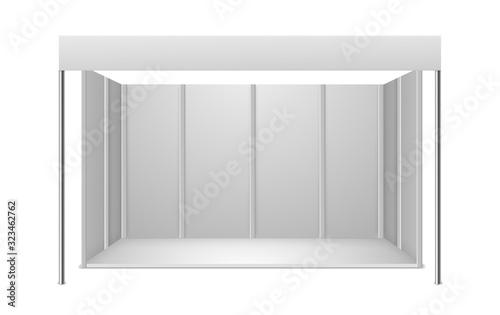 Exhibition stand. White blank indoor trade exhibition booth for presentation commercial advertisement, business object vector mockup