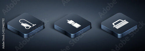 Set Isometric Vacuum cleaner , Brush for cleaning  and Plastic bottles for liquid dishwashing liquid icon. Vector