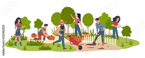 Fototapeta Naklejka Na Ścianę i Meble -  People in garden. Agricultural workers doing farming job harvesting with garden tools. Collecting fruits, watering vegetables vector background