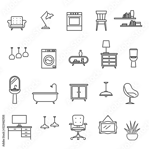 Line furniture. Living room interior design icons, sofa and table, armchair and washer, sink and lamp, desk and oven trendy vector set