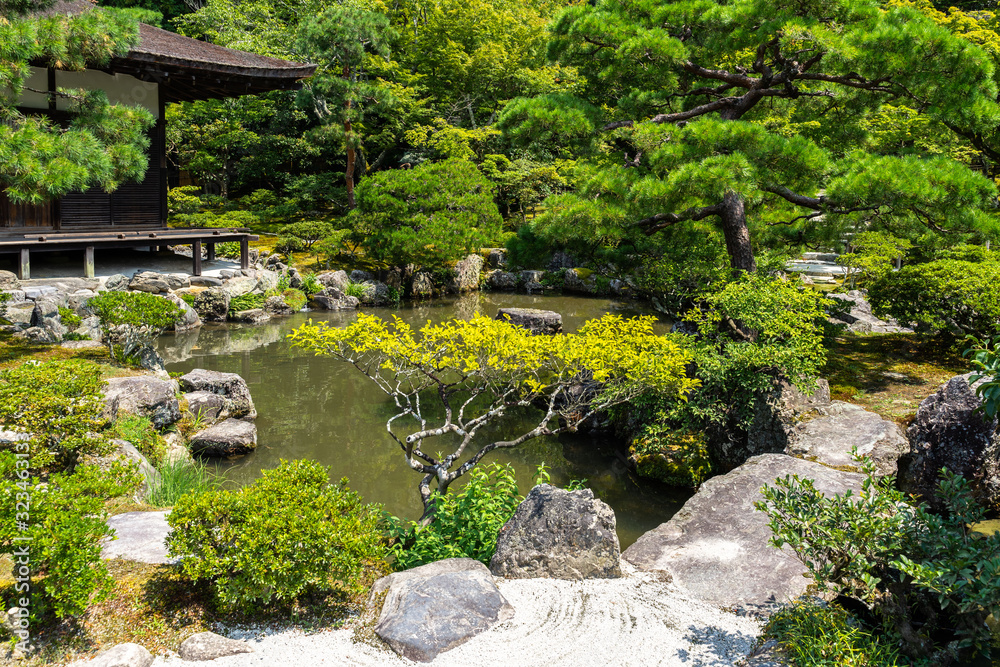 The beautiful Japanese gardens of Ginkaku-ji Temple (Silver Temple) during summer season, Kyoto, Japan