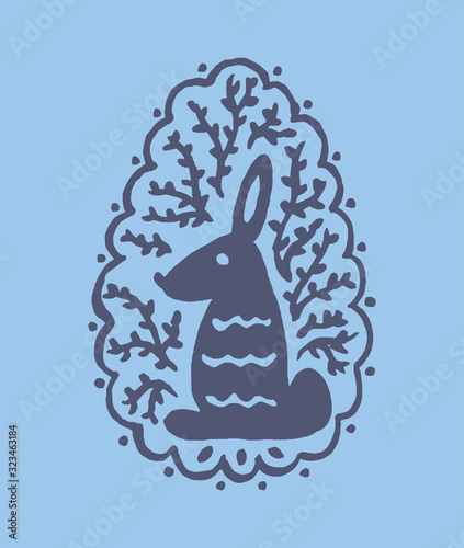 Easter postcard illustration in folk vintage style. Handmade cute painting of a traditional easter egg with spring florals, wreath and a rabbit. For greeting cards, templates,banners and other designs