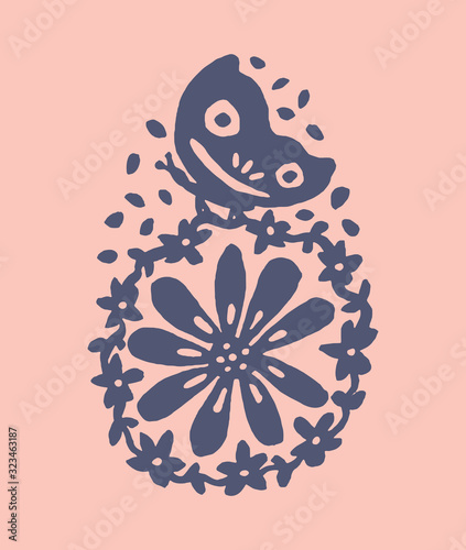 Easter postcard illustration in folk vintage style. Handmade cute painting of a traditional easter egg with spring florals, wreath and a butterfly. For greeting card, template, banner and other design