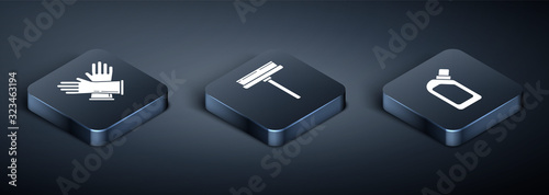 Set Isometric Rubber gloves , Plastic bottles for liquid dishwashing liquid and Squeegee, scraper, wiper icon. Vector